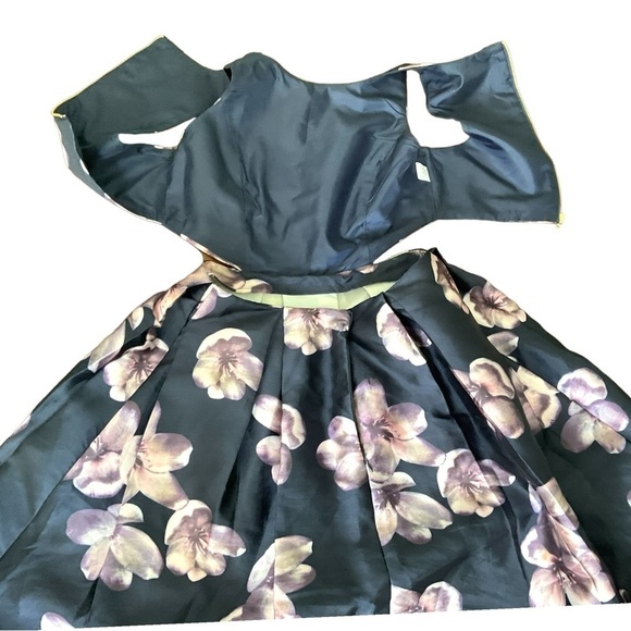 ANGEL Navy Blue Floral Cocktail Open Side  Back Cutaway Sleeveless Knee SZ Lg - Picture 10 of 12